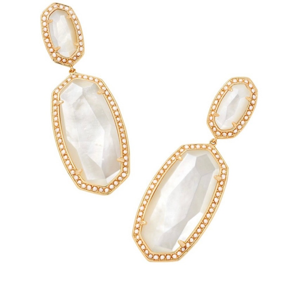 Kendra Scott mother of pearl, gold plated earrings with CZ embellishments.
